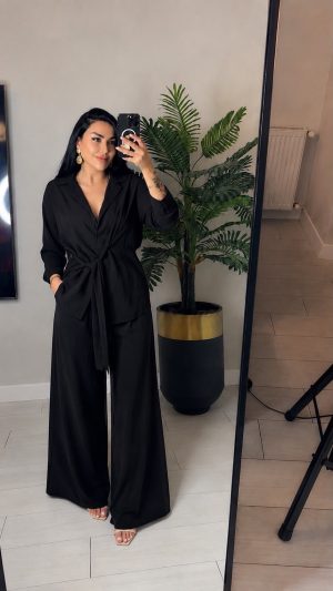 Kuşak Detaylı Gömlek Bol Paça Pantolon Takım Siyah