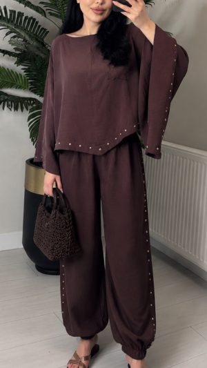 Taş Detaylı Bluz Jogger Pantolon Takım Kahve